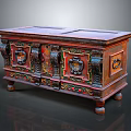 Traditional Wooden Entryway Cabinet Sideboard With Carved Decorations And Colorful Details On Doors And Legs