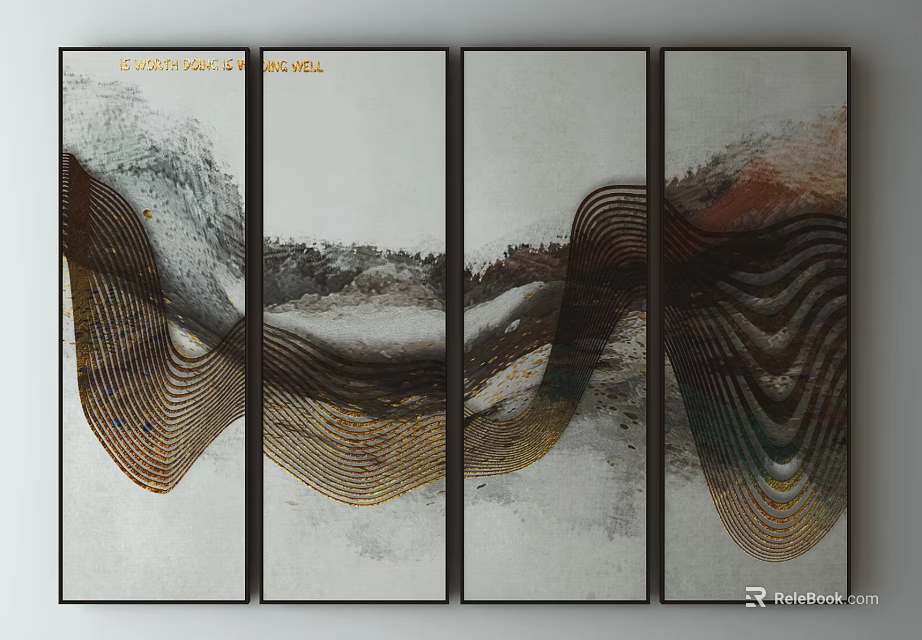 Modern Abstract Four Panel Wall Art With Wavy Lines And Golden Brown Tones 3d model 