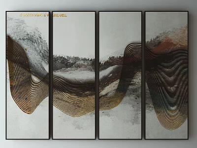 Modern Abstract Four Panel Wall Art With Wavy Lines And Golden Brown Tones 3d model