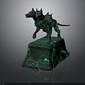 Mythical Horned Canine Creatures With Green Eyes Standing On Green Cracked Pedestal