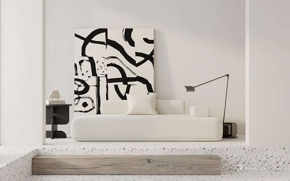 White Two Seater Sofa With Black And White Abstract Painting Floor Lamp And Side Table 3d model 
