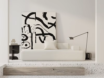 White Two Seater Sofa With Black And White Abstract Painting Floor Lamp And Side Table 3d model