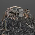 Rustic Wooden and Stone Outdoor Structure Featuring Logs Stones Dirt Fallen Leaves and Twigs