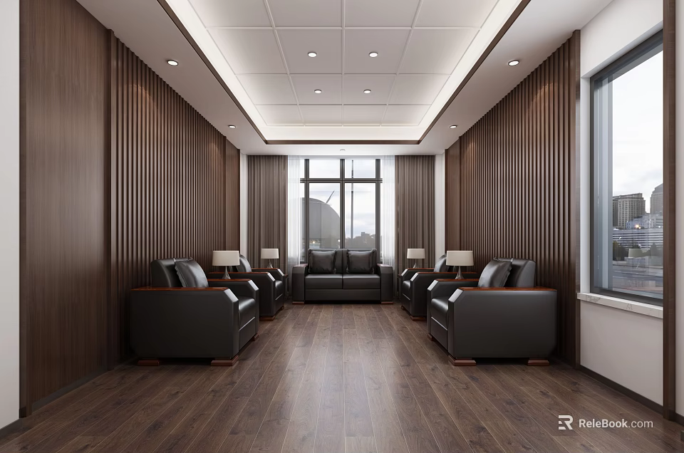 Modern Lounge Area With Wooden Walls Black Sofas Large Windows And Wooden Flooring 3d model 
