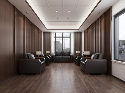Modern Lounge Area With Wooden Walls Black Sofas Large Windows And Wooden Flooring 3d model