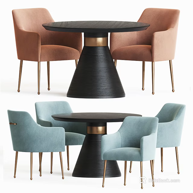Modern Round Black Tabletop Dining Table Set With Gold Base And Brown Light Blue Chairs 3d model