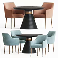 Modern Round Black Tabletop Dining Table Set With Gold Base And Brown Light Blue Chairs 3d model