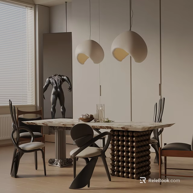 Modern Style Dining Table Set With Marble Tabletop Chairs And Pendant Lights 3d model 