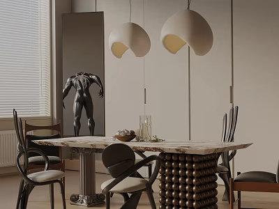 Modern Style Dining Table Set With Marble Tabletop Chairs And Pendant Lights 3d model