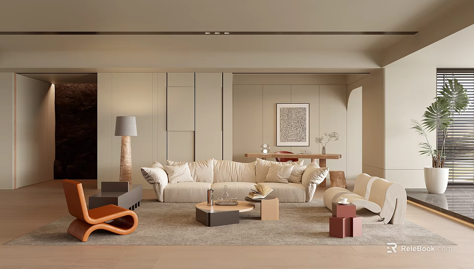 Modern Living Room Interior With Beige Sofa Armchair Area Rug And Decorative Painting 3d model 