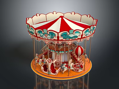 Amusement Equipment Carousel with Red and White Canopy Decorative Patterns and Horse Seats 3d model