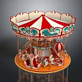 Amusement Equipment Carousel with Red and White Canopy Decorative Patterns and Horse Seats