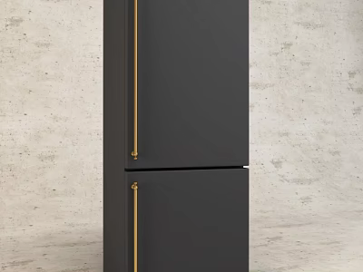 Modern Black Refrigerator Freezer With Gold Handles In Sleek Kitchen Interior 3d model