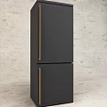 Modern Black Refrigerator Freezer With Gold Handles In Sleek Kitchen Interior
