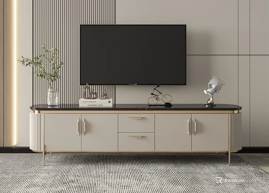 Modern TV Stand With Black Countertop Drawers Cabinets And Decorative Items 3d model 