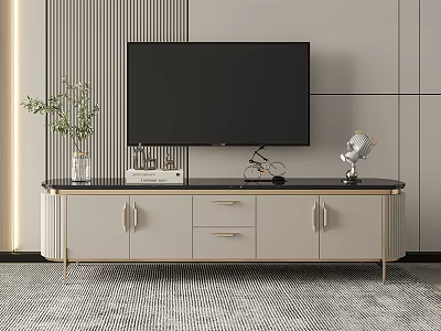Modern TV Stand With Black Countertop Drawers Cabinets And Decorative Items 3d model