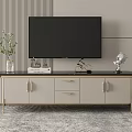 Modern TV Stand With Black Countertop Drawers Cabinets And Decorative Items