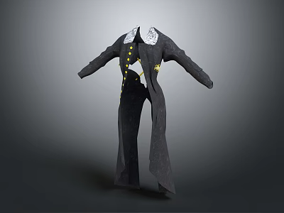 Elegant Black Long Coat With White Lace Collar And Yellow Decorative Buttons 3d model