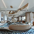 Spacious Modern Lounge Area With Marble Walls Curved Sofa And Decorative Rug