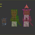 Three Medieval Wooden Fortress Towers With Stone Bases Red Roof Lookout Windows And Stairs