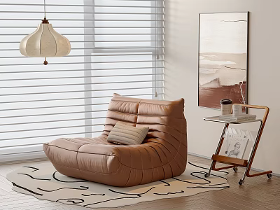 Brown Leather Bean Bag Chair Quilted Design Cozy Living Room with Window Blinds Side Cart 3d model