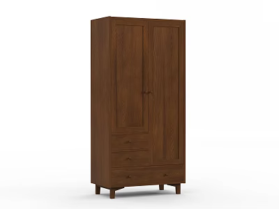 Traditional Brown Wooden Wardrobe With Two Doors Drawers And Legs 3d model