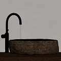 Natural Stone Washbasin With Silver Curved Faucet On Wooden Countertop Against Light Colored Wall