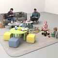 Kids Table In Family Play Area With Colorful Stools Toys And Children Playing