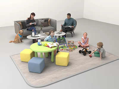 Kids Table In Family Play Area With Colorful Stools Toys And Children Playing 3d model