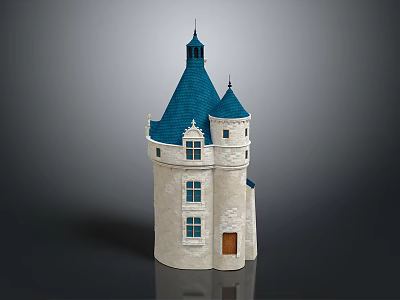 Cartoon Castle Scene with Blue Spire Roofs White Stone Walls and Wooden Door 3d model