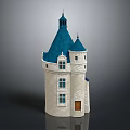 Cartoon Castle Scene with Blue Spire Roofs White Stone Walls and Wooden Door