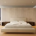 Modern White Double Bed With Headboard Nightstands Lamps Wooden Walls Large Windows City Water View