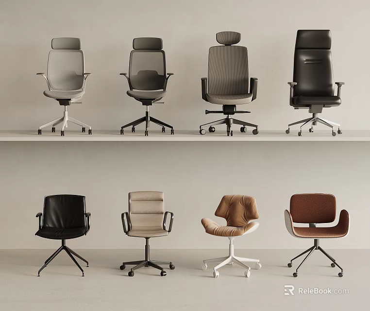 Modern Office Chairs With Various Styles Different Colors And Swivel Wheels 3d model 