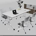 White Conference Table with Chairs Laptop Book Glass and Green Plant Wooden Shelf