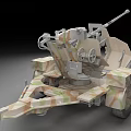 Camouflage Military Artillery Gun With Long Barrel And Wheeled Chassis