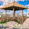 Tranquil Outdoor Landscape With Thatched Pavilion Wooden Deck Large Rocks Pond Lily Pads Palm Trees
