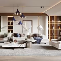 Modern Living Room Interior Design With Sofa Coffee Table Chandeliers Shelves And Plants