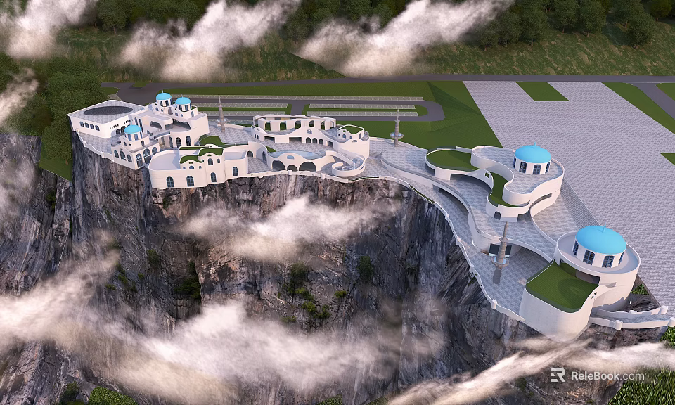 Aerial Planning of Cliffside White Buildings with Blue Domes Green Areas Plazas and Clouds Surrounding 3d model 