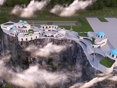 Aerial Planning of Cliffside White Buildings with Blue Domes Green Areas Plazas and Clouds Surrounding 3d model