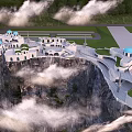 Aerial Planning of Cliffside White Buildings with Blue Domes Green Areas Plazas and Clouds Surrounding