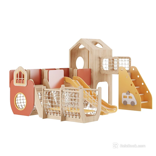 Kids Room Play Area With Wooden Play Structures Slide Climbing Net And Colorful Panels 3d model 