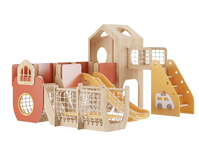 Kids Room Play Area With Wooden Play Structures Slide Climbing Net And Colorful Panels 3d model