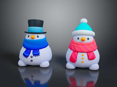 Cute Snowmen Decorative Characters With Black Top Hat Blue Scarf And Blue Hat Pink Scarf 3d model