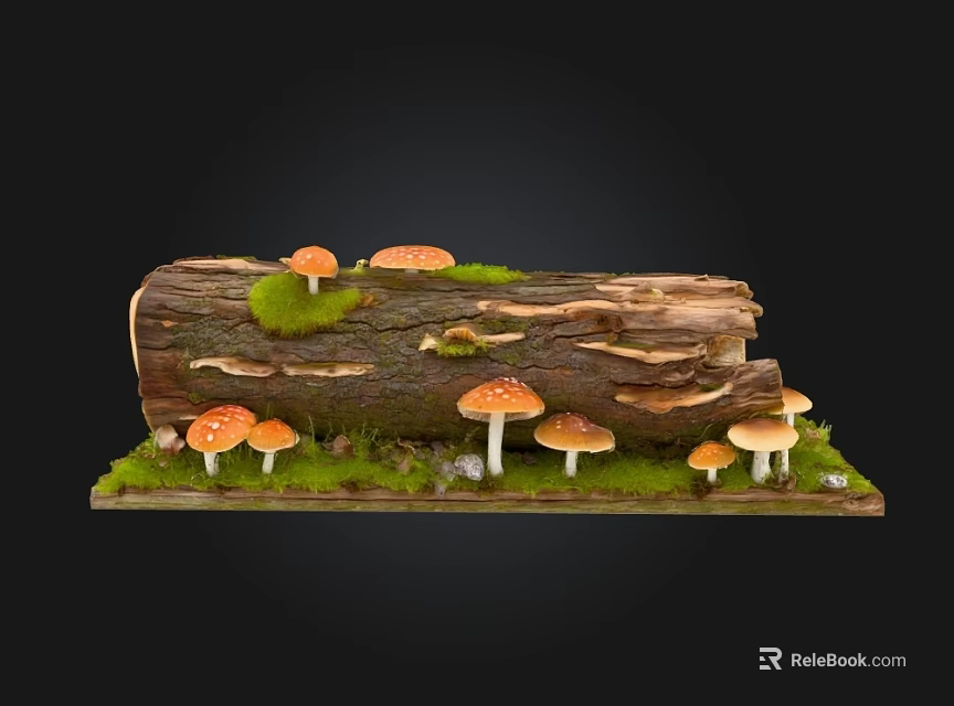 Natural Wooden Log With Stones Moss And Small Colorful Mushrooms 3d model 