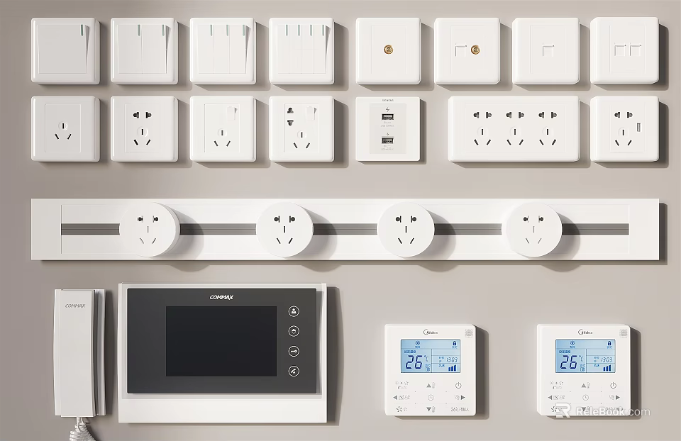White Switch Panels With Different Types Of Switches Sockets And Thermostats For Home Interior 3d model 