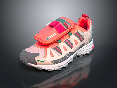Kids Pink Orange Green Sports Sneakers With Stripes And Velcro Strap White Sole 3d model
