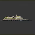 Cartoon Island Scene With Castle Stone Walls Green Grass Rocky Shore And Blue Water