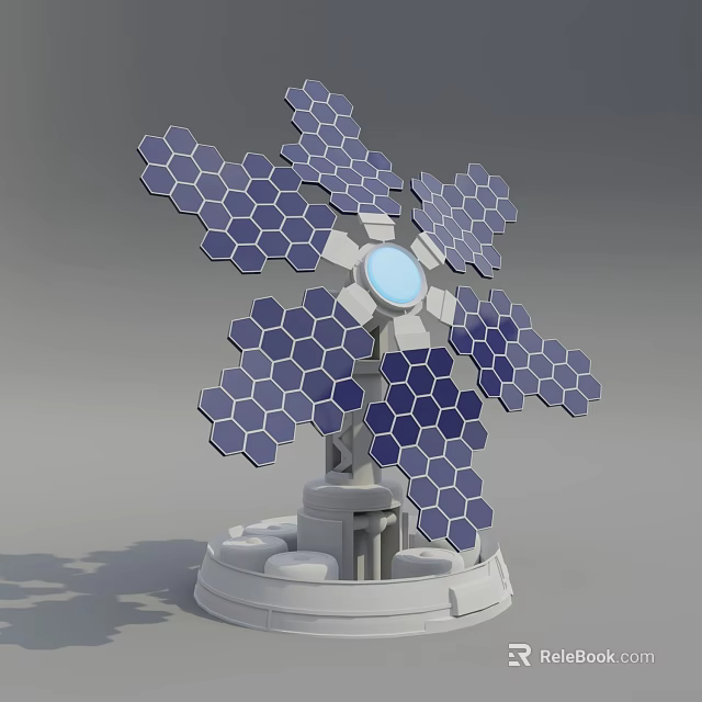 Flower Shaped Solar Powered Household Appliance With Hexagonal Panels Blue Center And White Base 3d model 