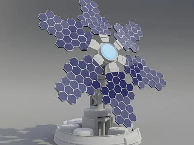 Flower Shaped Solar Powered Household Appliance With Hexagonal Panels Blue Center And White Base 3d model