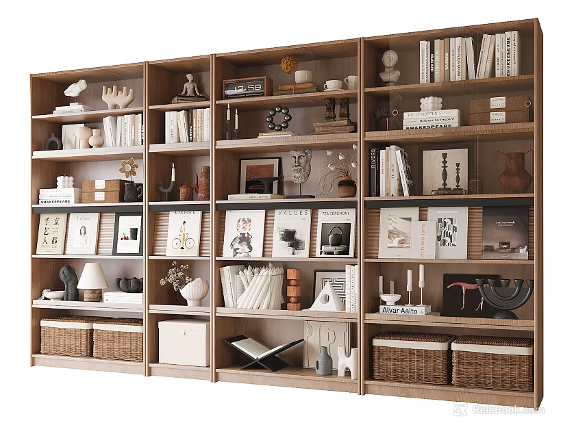 Modern Wooden Bookcase With Multiple Shelves Books Photo Frames Vases And Baskets 3d model 